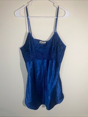 Vintage Dentelle Royal Blue Lace Trim Mini Slip Dress Size L